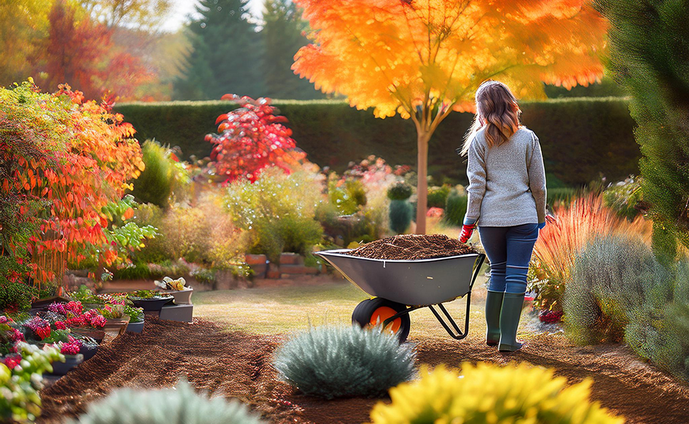 A panoramic view of a well-maintained garden during autumn